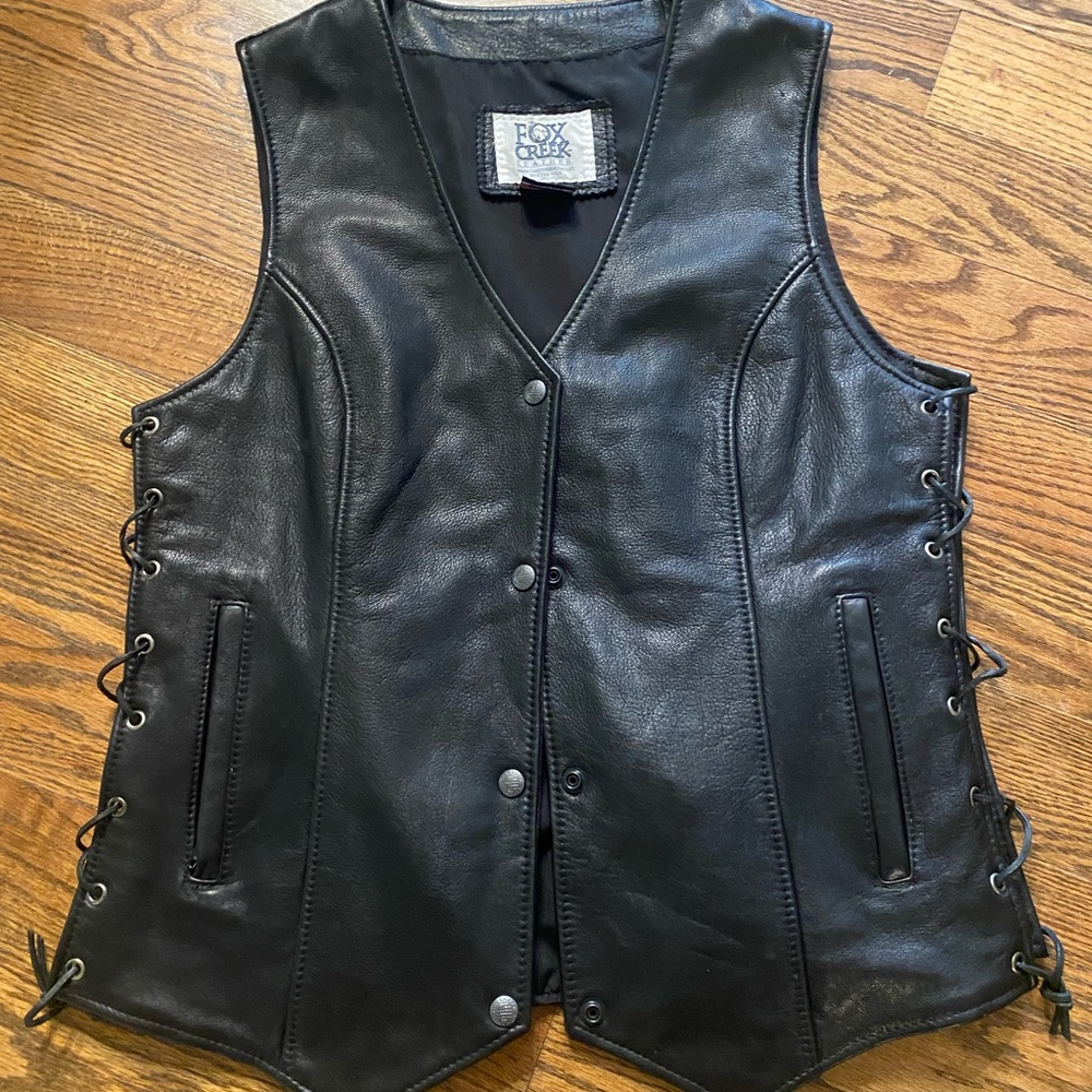 Fox Creek Vintage Womens Motorcycle Vest medium Leather Laced Sides Snap Frnt